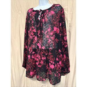 TORRID Black Chiffon Pink Floral Clip Dot Resort Button Front Blouse Top Size 4X